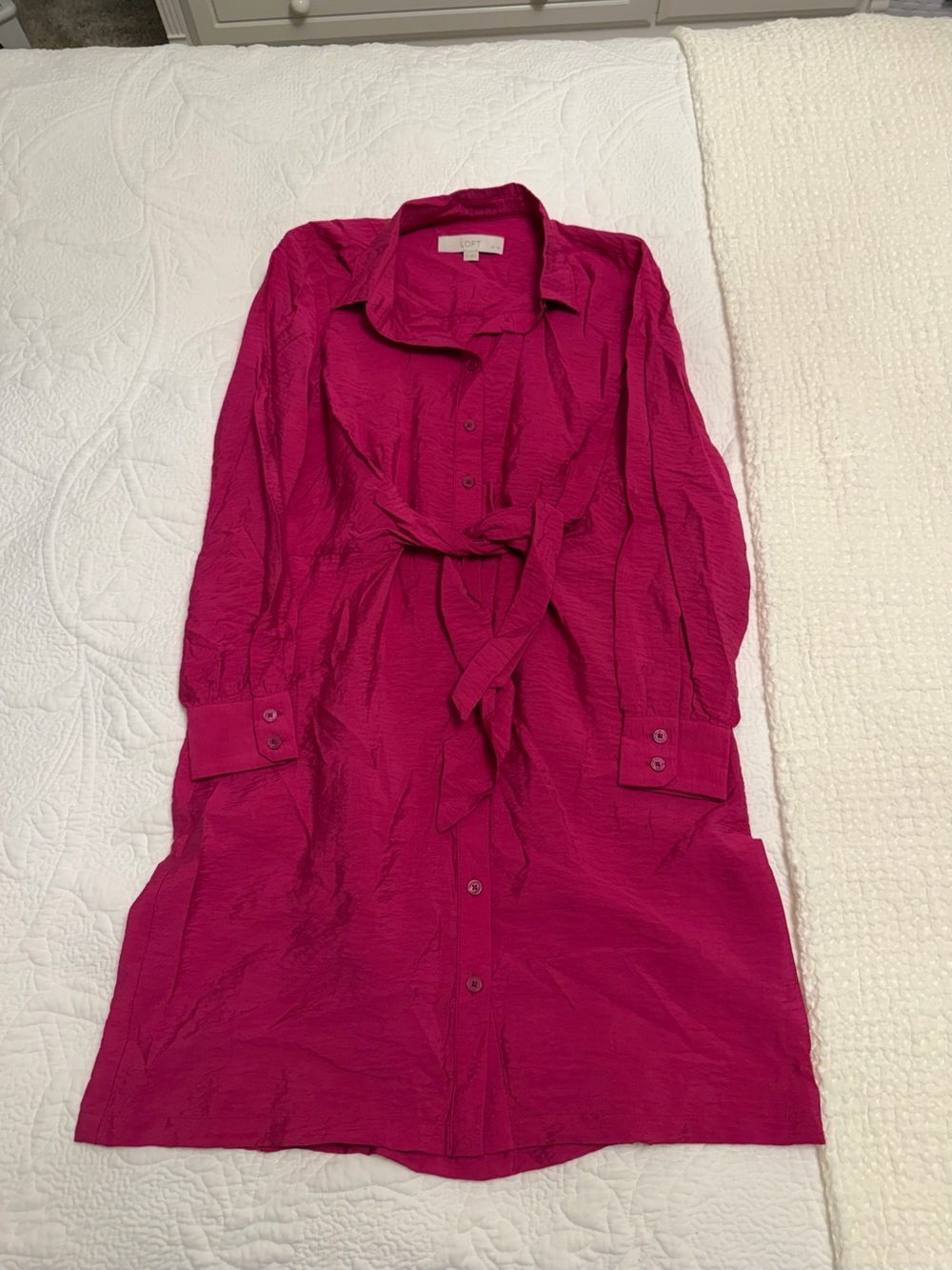LOFT Bright Fuchsia Long Sleeve Tie-Waist Shirt Dress
